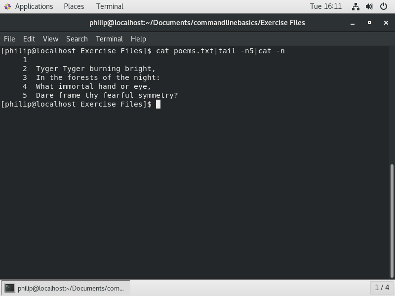 Figure 12 - the output from the sequence of commands, cat poems.txt | tail -n5 | cat -n